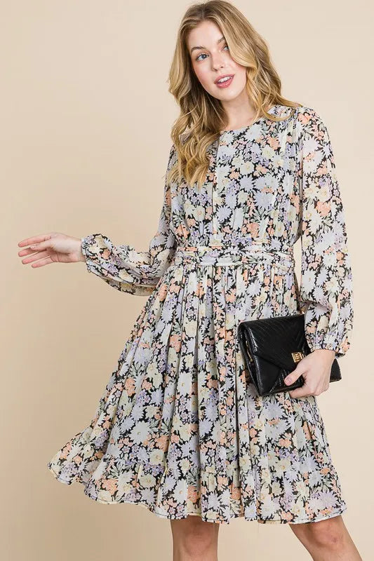 Lime 'N' Chili Chiffon Floral Print Belted Dress with Back Zipper 