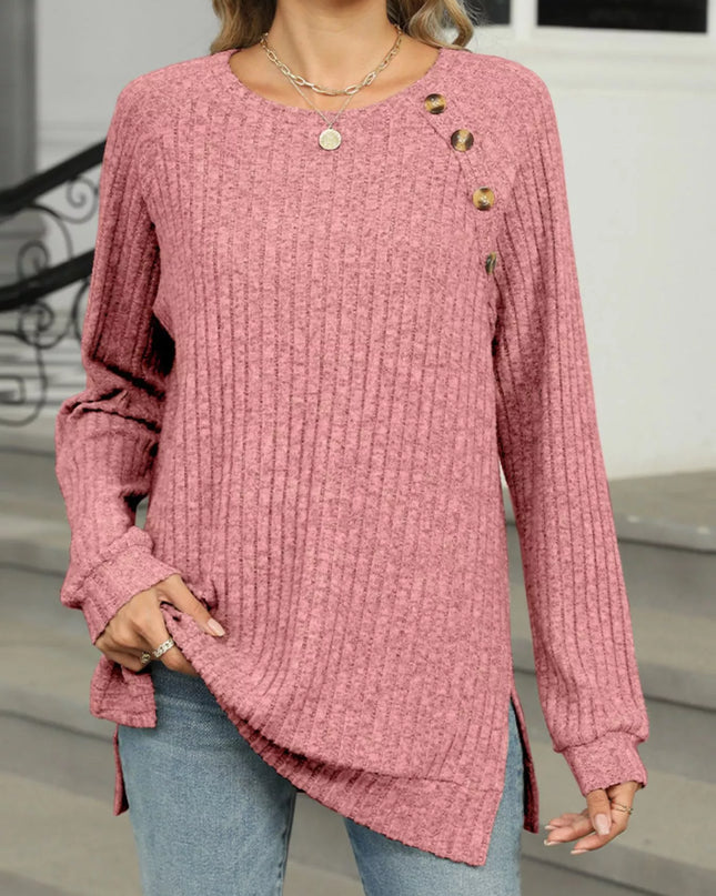 Ribbed Round Neck Long Sleeve T-Shirt