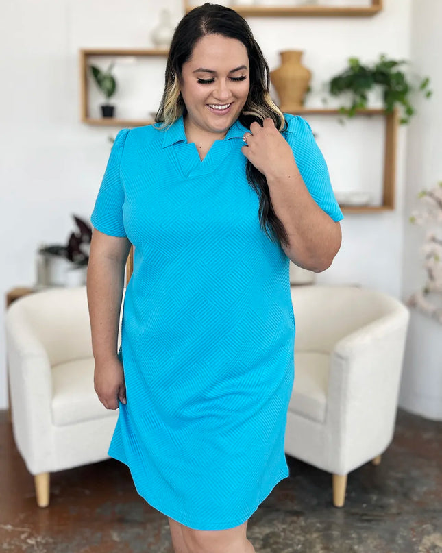 Double Take Full Size Texture Collared Neck Short Sleeve Dress