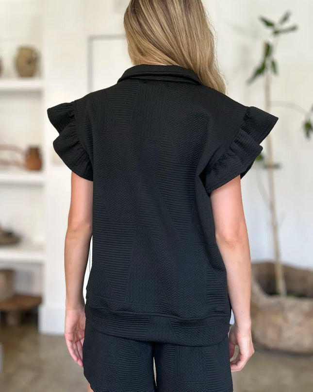 Double Take Full Size Texture Flounce Sleeve Top and Shorts Set