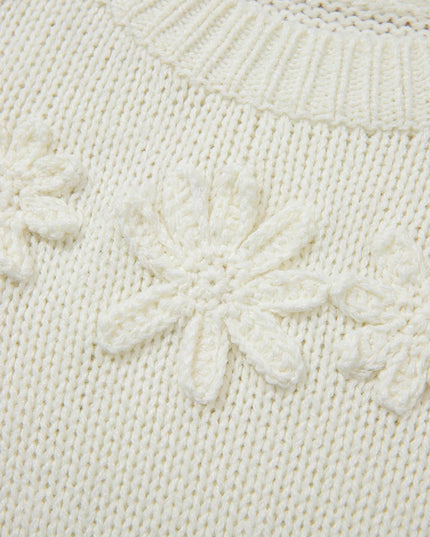 Flower Detail Round Neck Contrast Textured Puff Sleeve Sweater