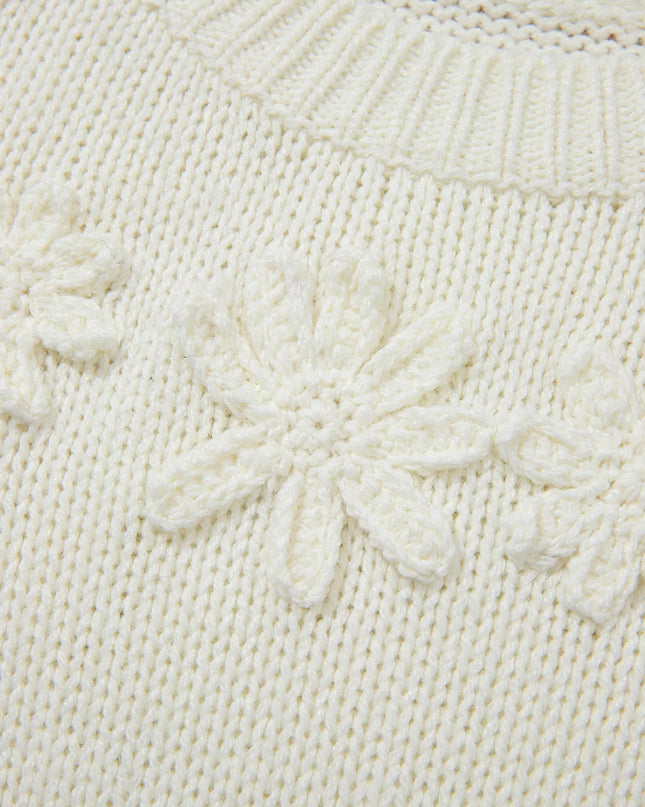 Flower Detail Round Neck Contrast Textured Puff Sleeve Sweater