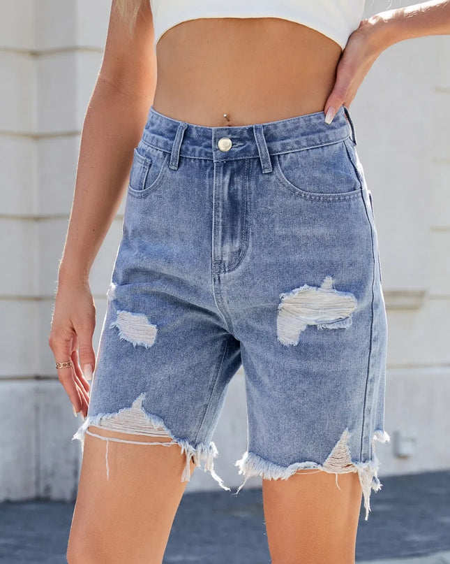 Distressed Raw Hem Denim Shorts 