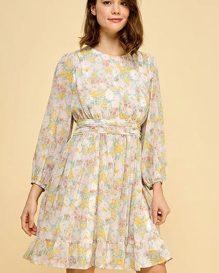 Lime 'N' Chili Chiffon Floral Print Belted Dress with Back Zipper 