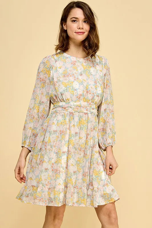 Lime 'N' Chili Chiffon Floral Print Belted Dress with Back Zipper 