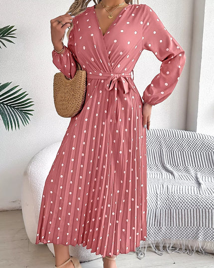 Front Tie Polka Dot Midi Pleated Dress