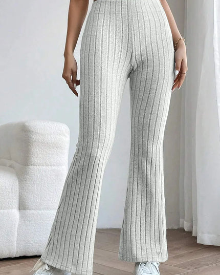 Basic Bae Full Size Ribbed High Waist Flare Pants Light Gray