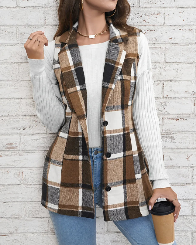 Plaid Button Down Vest Coat Camel