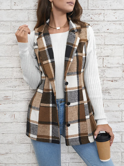 Plaid Button Down Vest Coat Camel