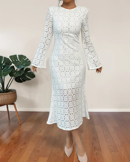 Lace Long Sleeve Midi Dress White