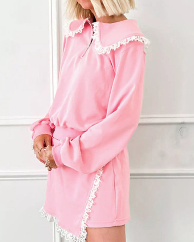 Peter Pan Lace Embellished Neck Sweatshirt and Skirt Two Piece Set