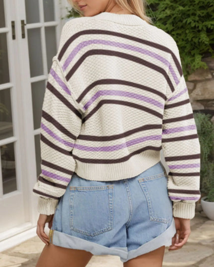 Striped Button-Up Cropped Cardigan with Relaxed Fit