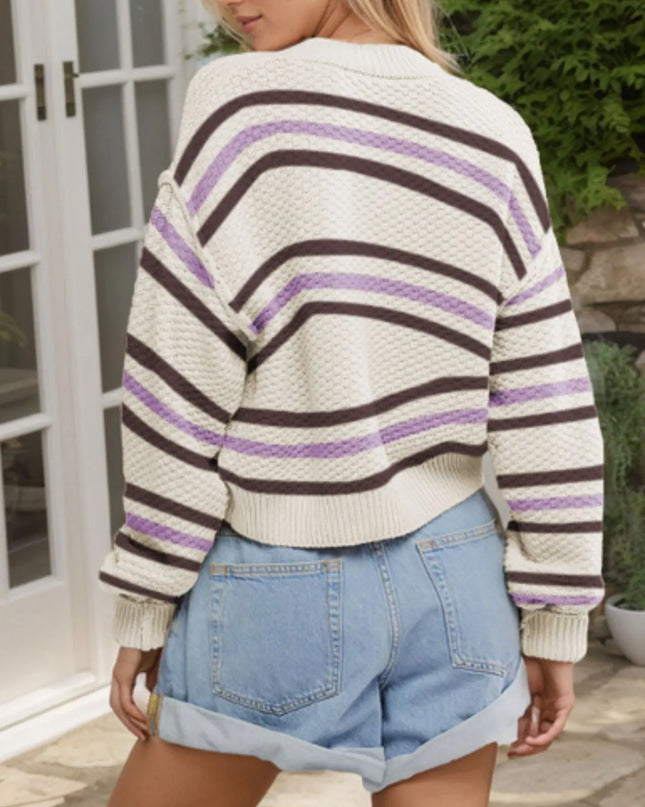 Striped Button-Up Cropped Cardigan with Relaxed Fit