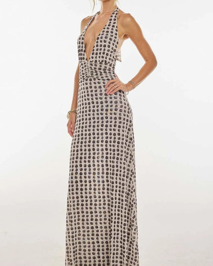 Floral Halter Neck Deep V Maxi Dress