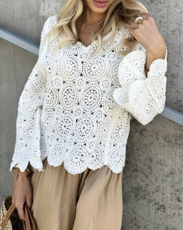Crochet Lace V-Neck Bell Sleeve Knit Top