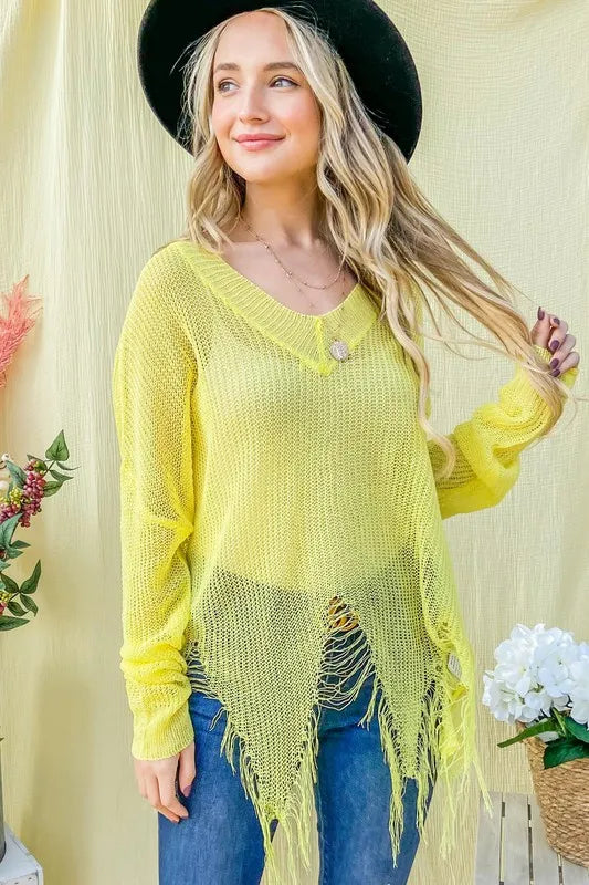 And The Why Distressed Mesh V Neck Spring Sweater Cover Up