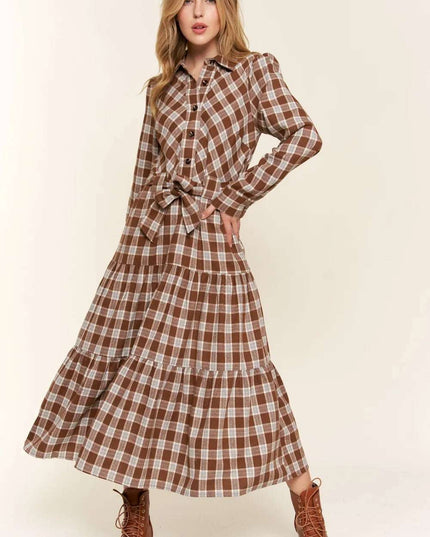 And the Why Plaid Tiered Midi Shirt Dress Brown