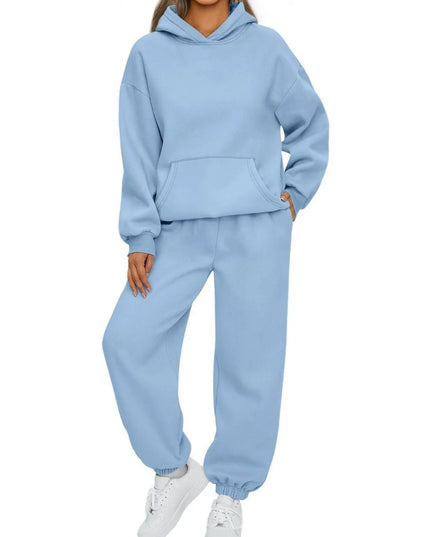 Full Size Kangaroo Pocket Hoodie and Joggers Set Plus Size Light Blue