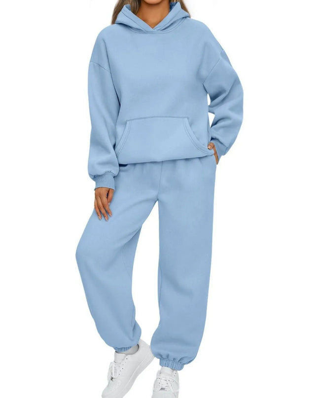 Full Size Kangaroo Pocket Hoodie and Joggers Set Plus Size Light Blue