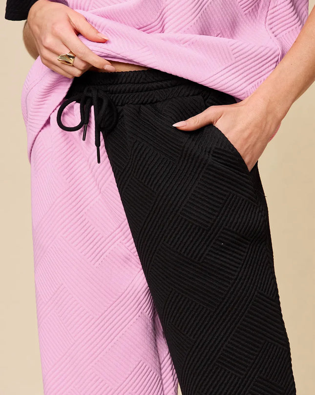 Double Take Full Size Texture Contrast T-Shirt and Wide Leg Pants Set