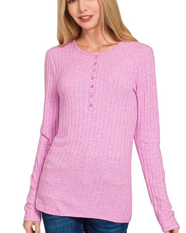 Zenana Ribbed Long Sleeve Half Button Top MAUVE