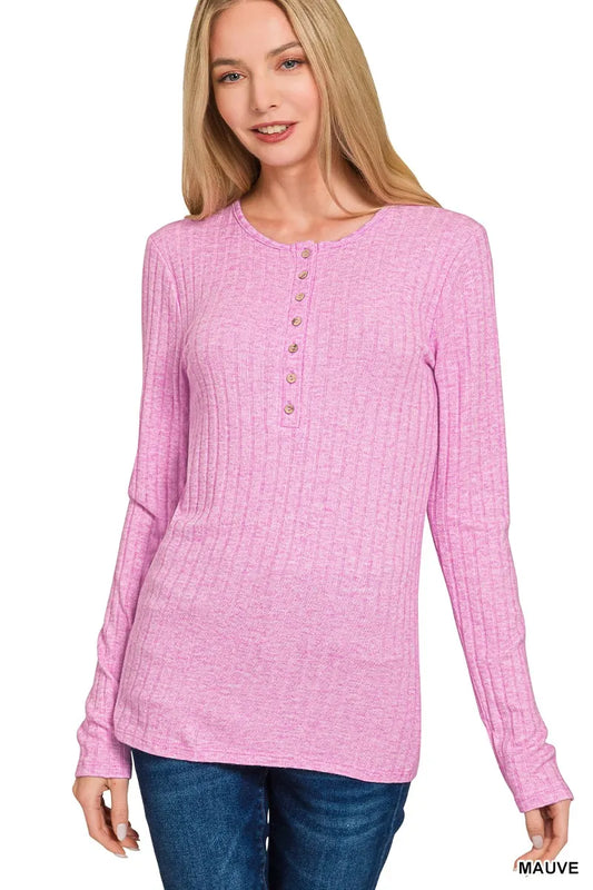 Zenana Ribbed Long Sleeve Half Button Top MAUVE