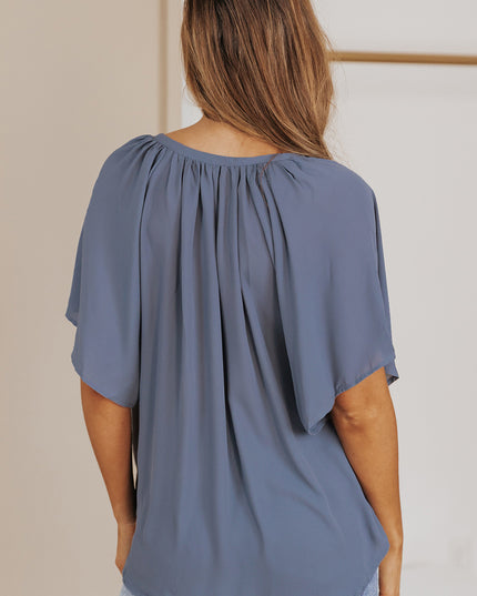 Gathered Detail Notched Neck Flutter Sleeve Top 