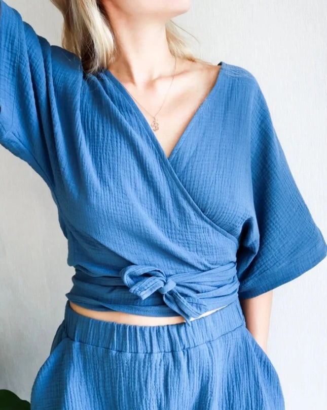 Tied Textured Half Sleeve Blouse