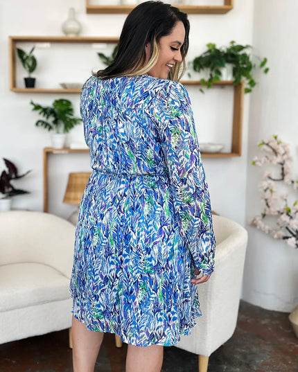 Double Take Full Size Printed Drawstring Waist Long Sleeve Dress