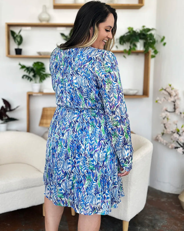 Double Take Full Size Printed Drawstring Waist Long Sleeve Dress