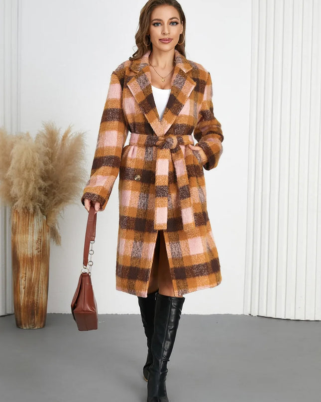 Tied Plaid Collared Neck Coat Watermelon pink