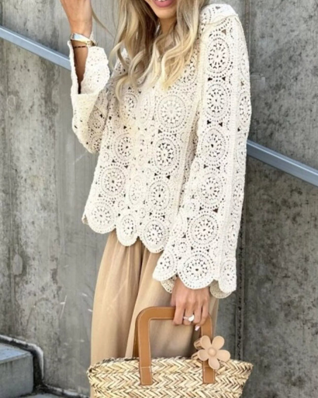 Crochet Lace V-Neck Bell Sleeve Knit Top
