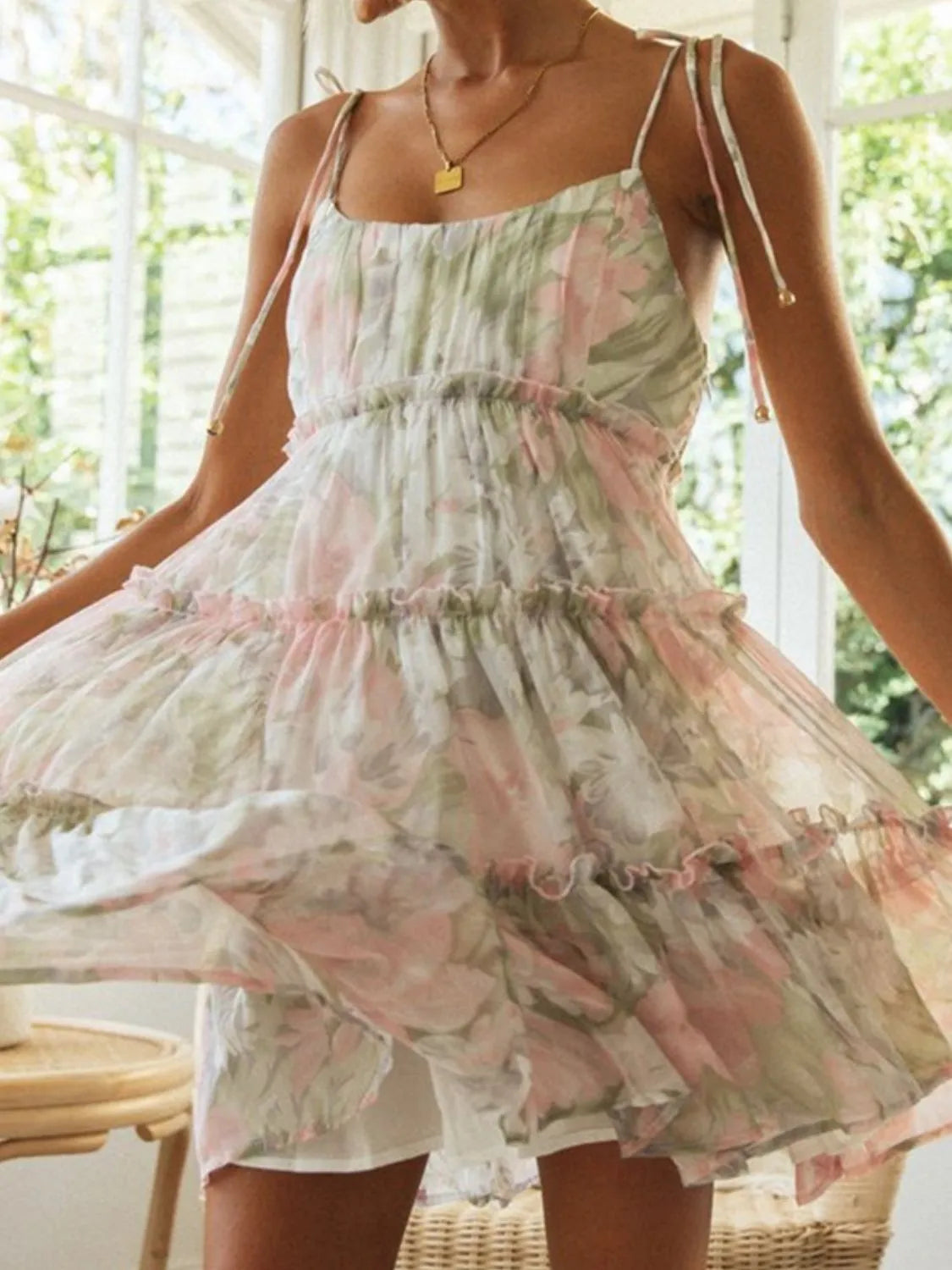 Frill Printed Square Neck Mini Cami Dress