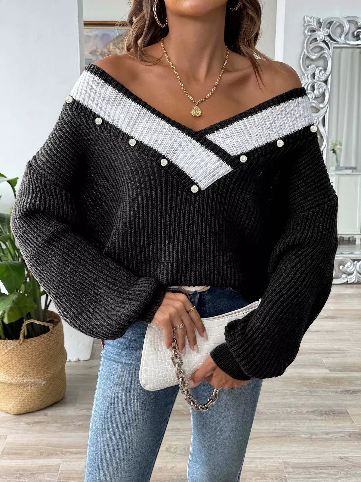 V-Neck Button-Decorated Sweater