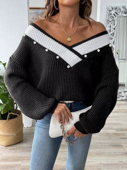 V-Neck Button-Decorated Sweater