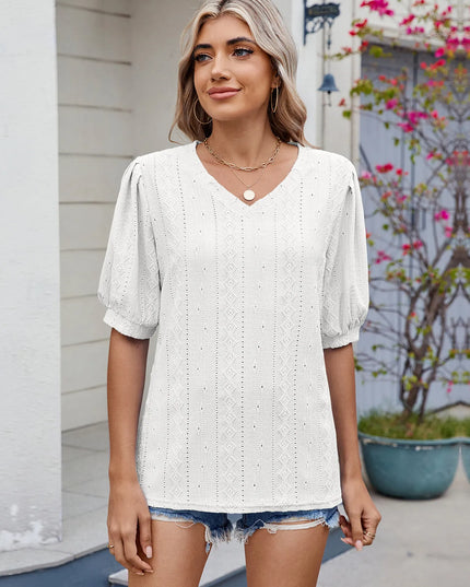 Eyelet V-Neck Puff Sleeve Casual Top 
