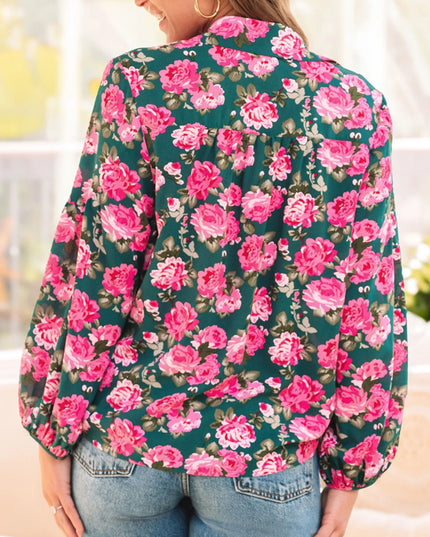 Floral Printed Tied Collar Puff Sleeve Blouse