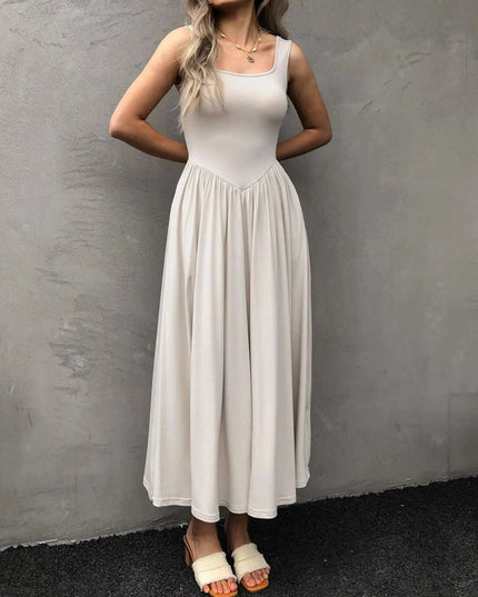 Sleeveless Midi Dress with Gathered Waist White