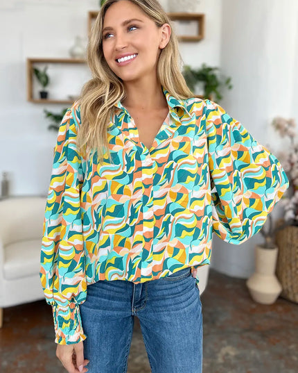 Double Take Full Size Printed Smocked Long Sleeve Blouse
