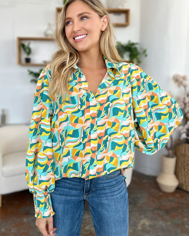 Double Take Full Size Printed Smocked Long Sleeve Blouse
