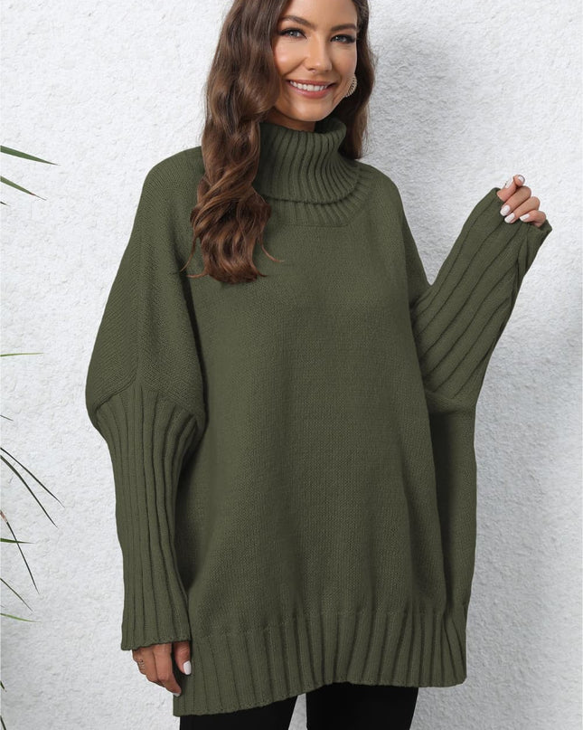 Turtle Neck Long Sleeve Ribbed Sweater Army Green One Size