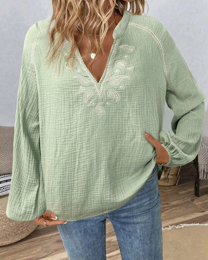 Paisley Pattern Notched Long Sleeve Blouse