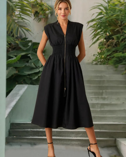 Smocked Zip Front Cap Sleeve Dress