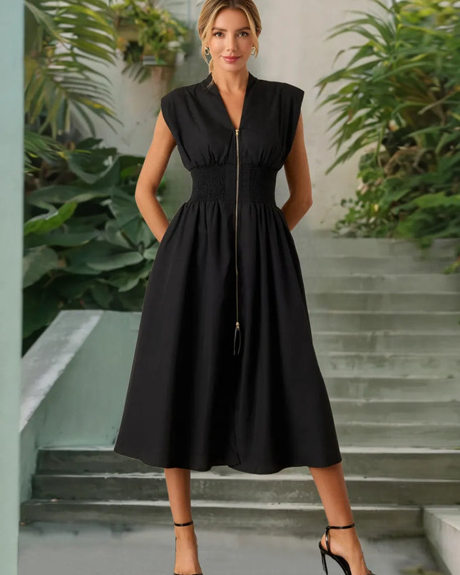 Smocked Zip Front Cap Sleeve Dress