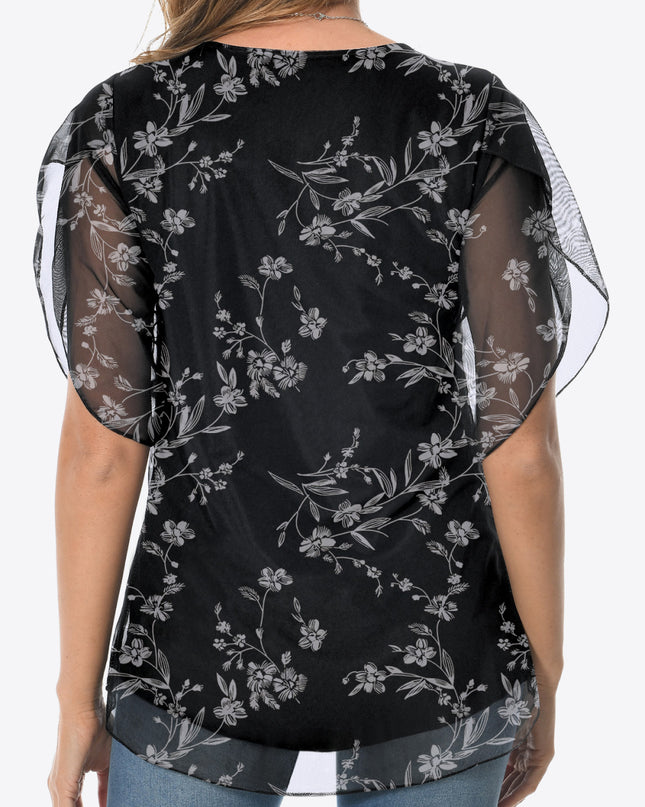 Printed Round Neck Curved Hem Blouse