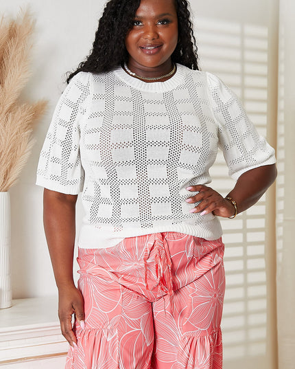 Mandy Ribbed Trim Round Neck Knit Top White