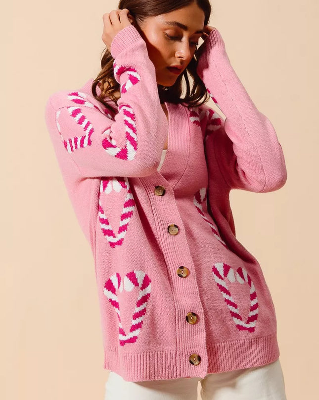 SO ME Christmas Candy Cane Button Front Sweater Cardigan