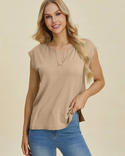 Double Take Full Size Notched Cap Sleeve Knit Top Dust Storm