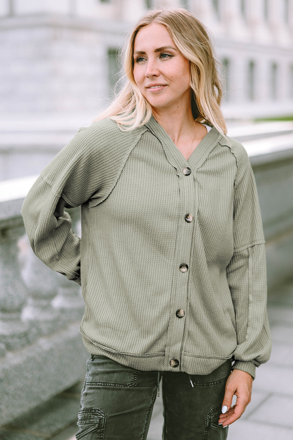 Button Down V-Neck Waffle Knit Shirt Sage