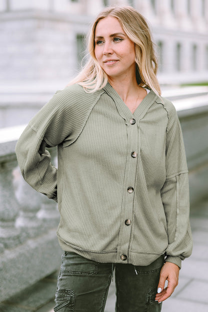 Button Down V-Neck Waffle Knit Shirt Sage
